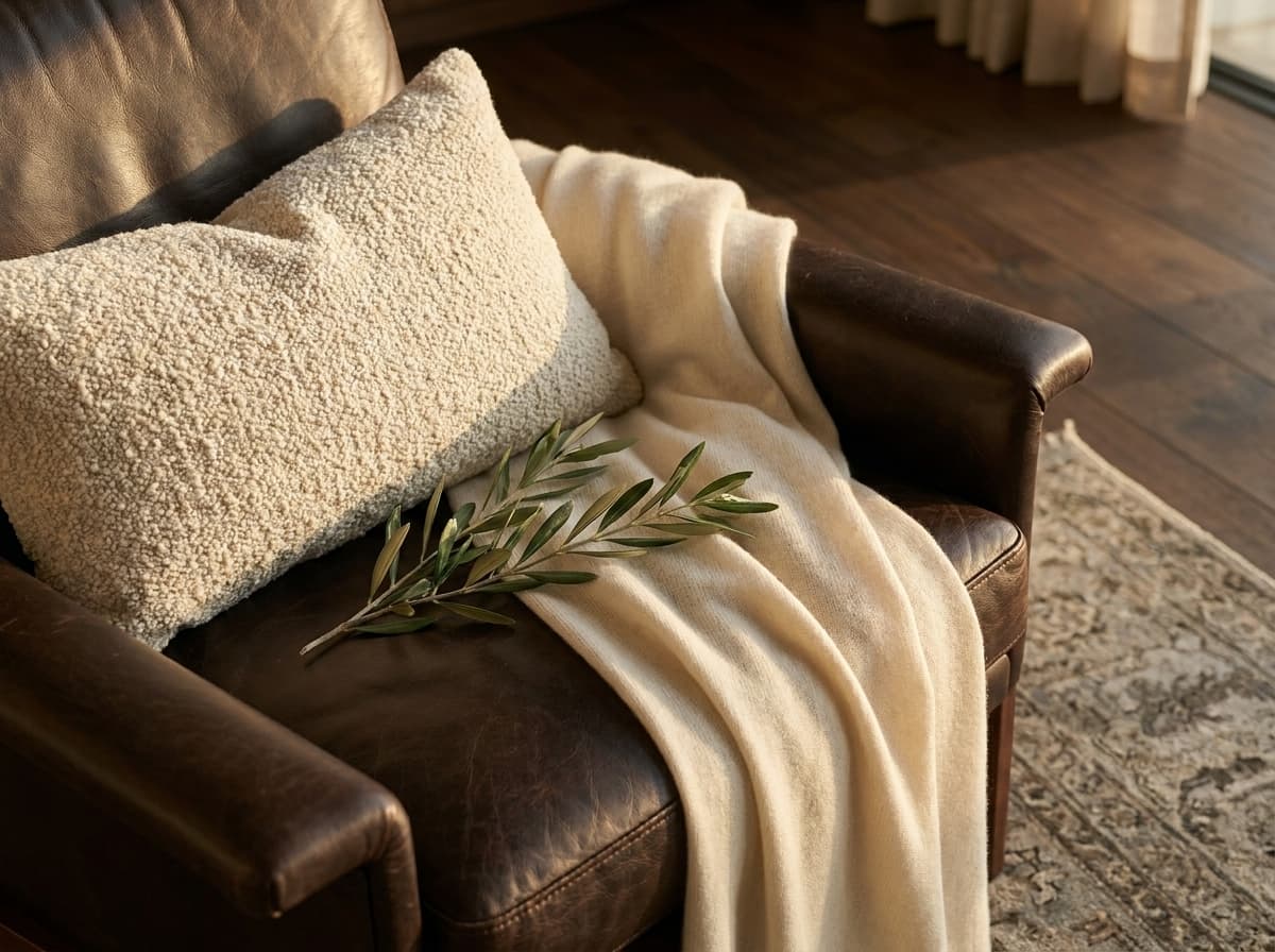 Texture macro — charcoal velvet, bouclé and cashmere on dark walnut