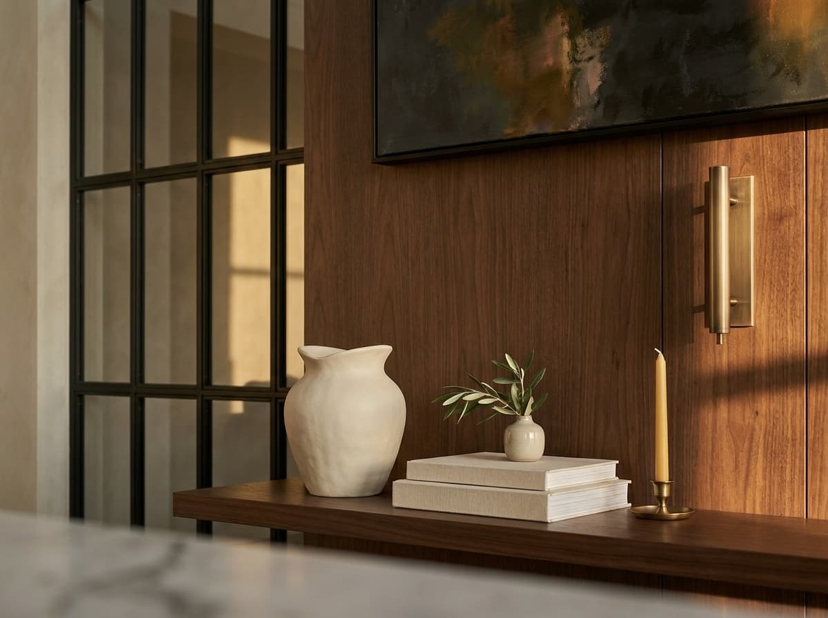 Blackened-steel-framed glass partition against limewash and walnut