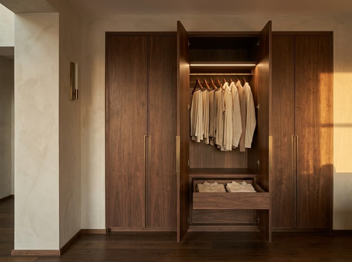 Master walk-in — dark walnut with Calacatta Viola island and smoked-bronze handle channels