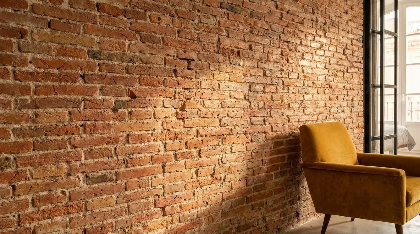 Exposed reclaimed red brick feature wall
