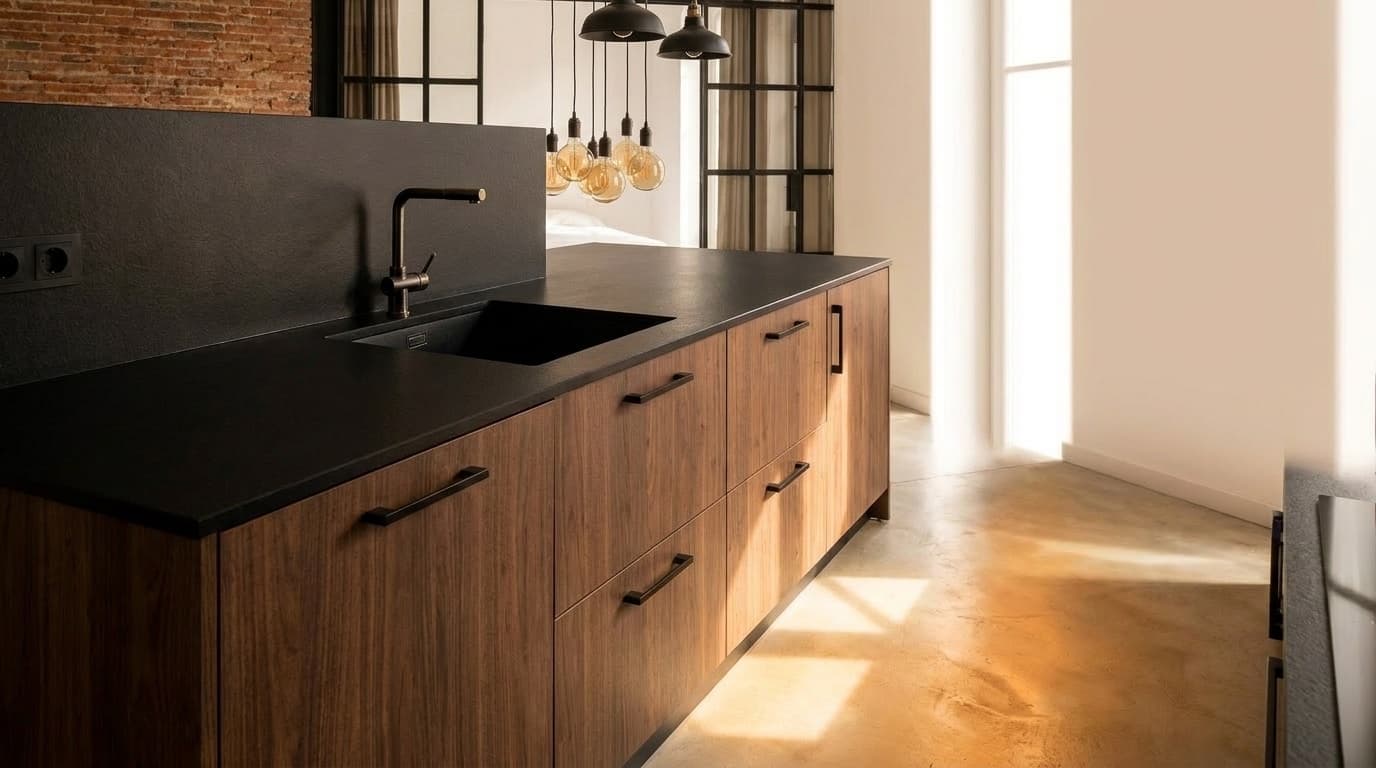 Walnut kitchen island with matte black ceramic worktop
