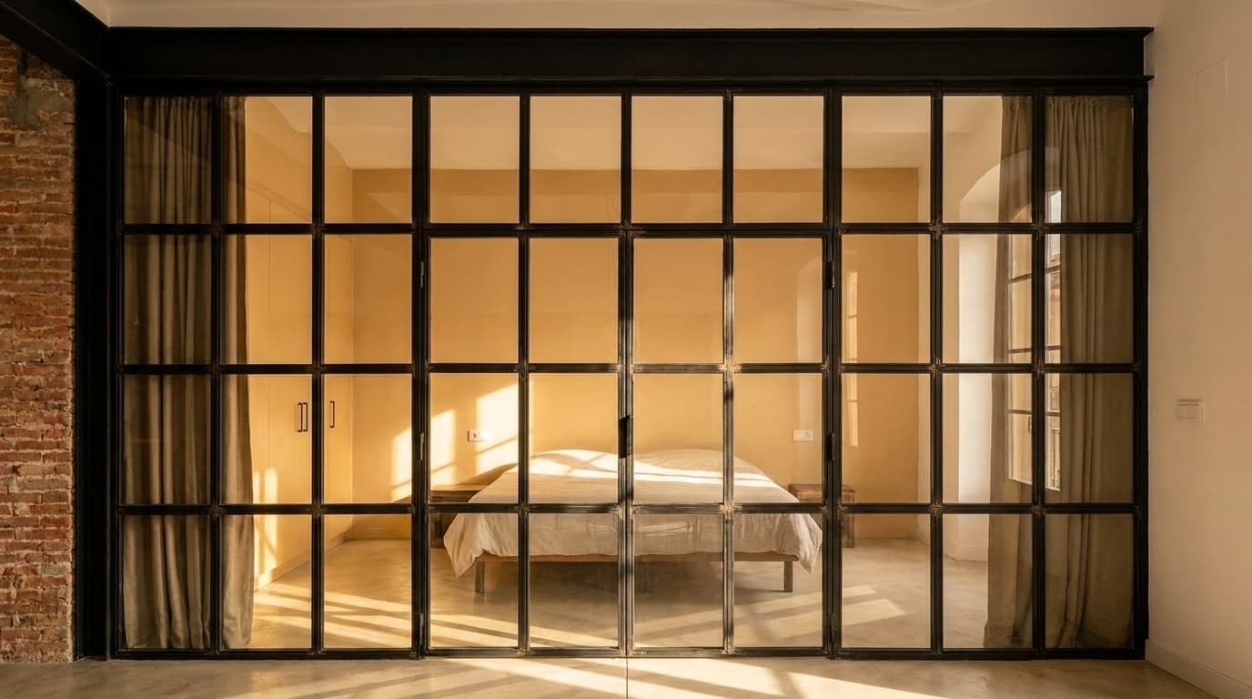 Black steel Crittall partition doors — close-up