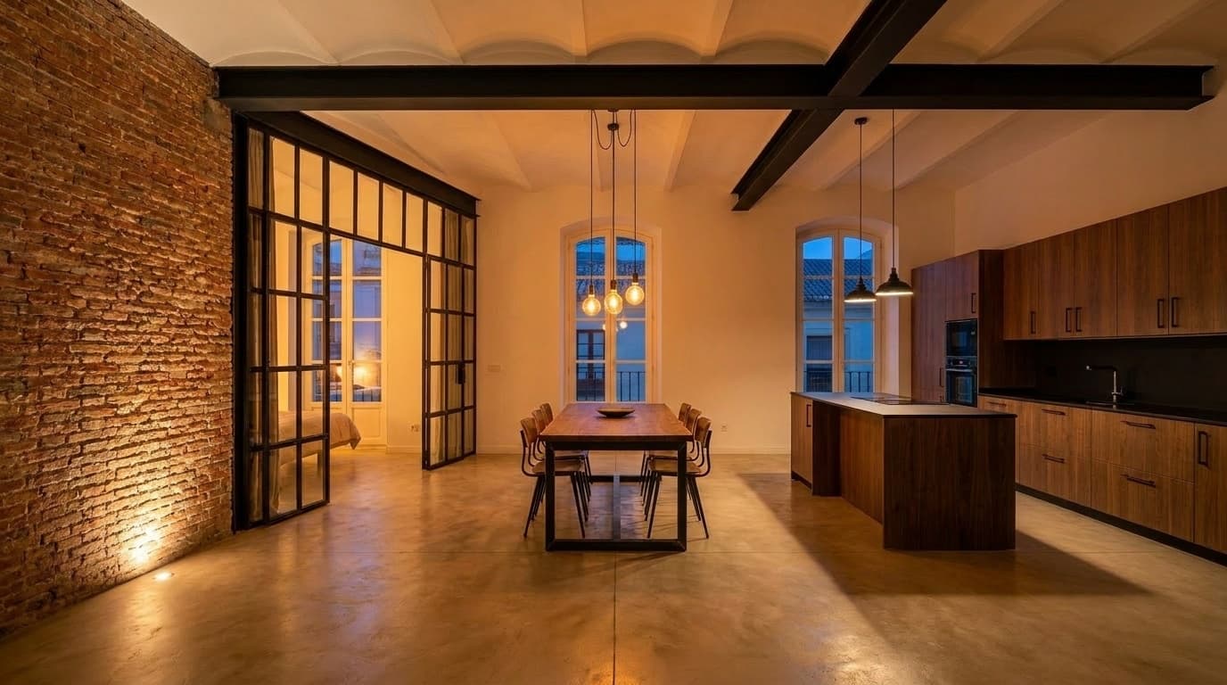 Loft at evening — Edison pendants and brick wall uplight