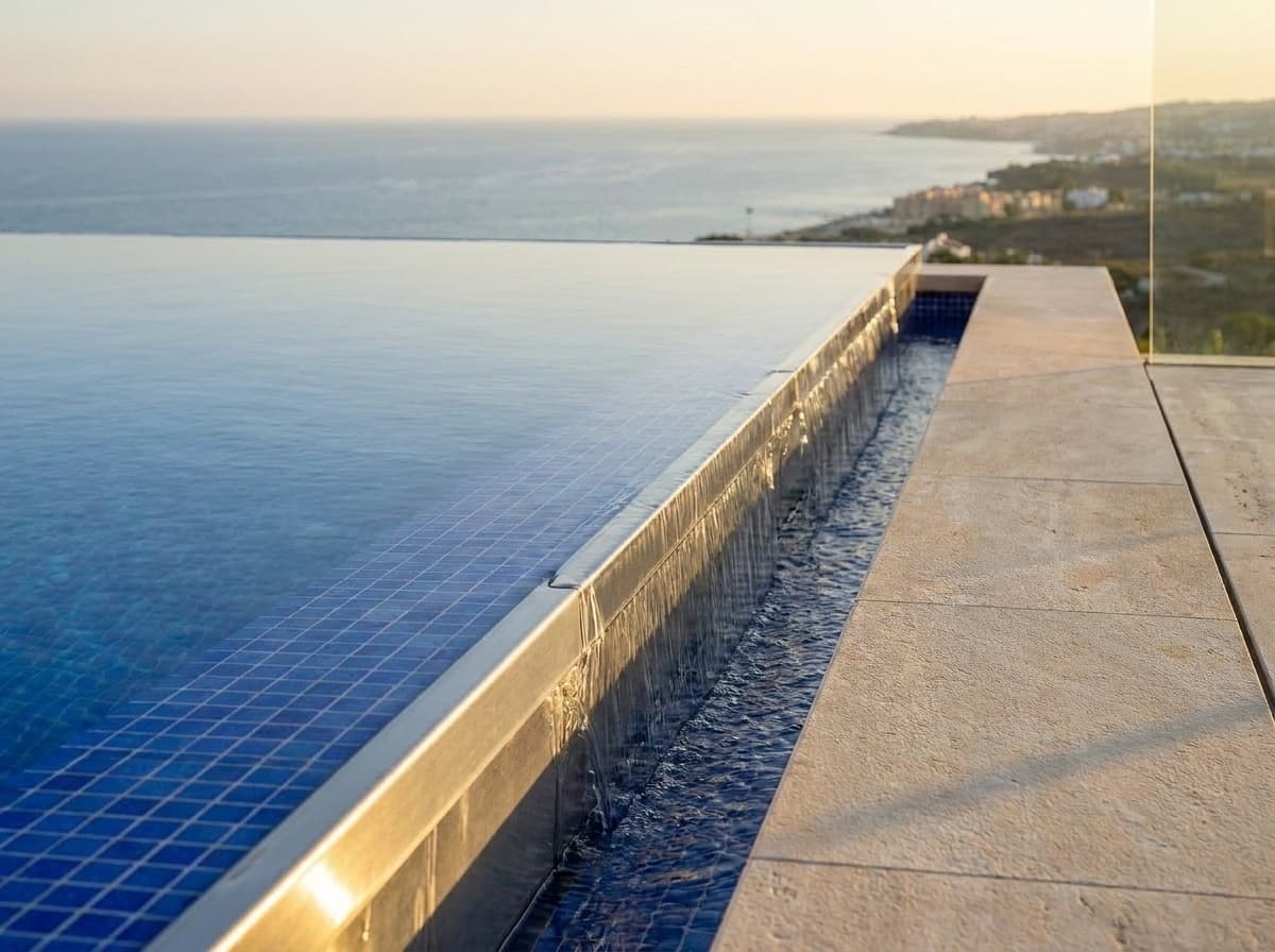 Infinity overflow blade — water sheeting over stainless steel edge