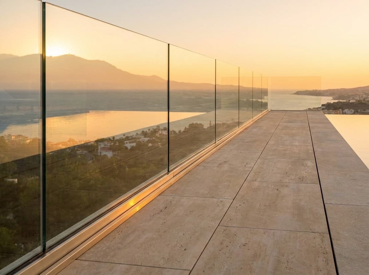 Frameless glass balustrade — uninterrupted Mediterranean sea horizon