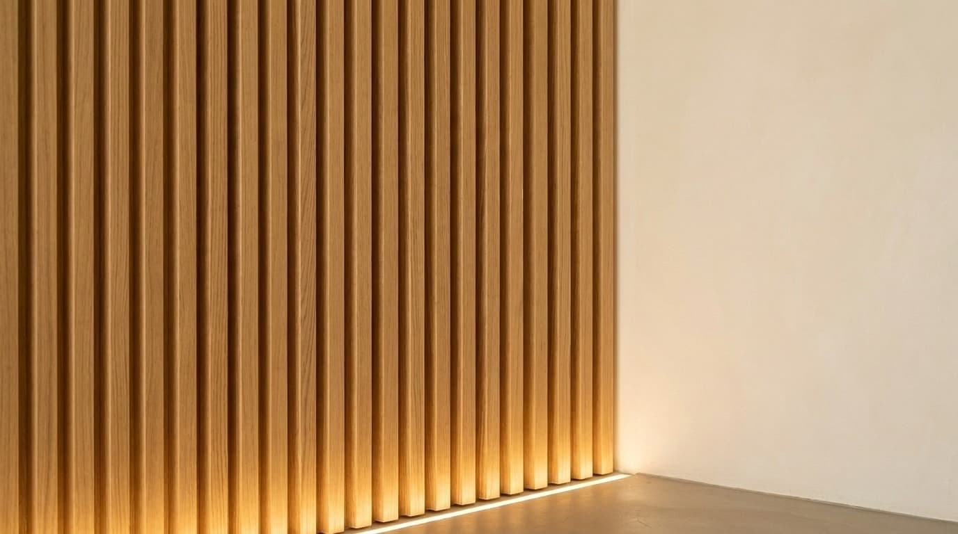 Oak slat feature wall — wall-washing LED detail