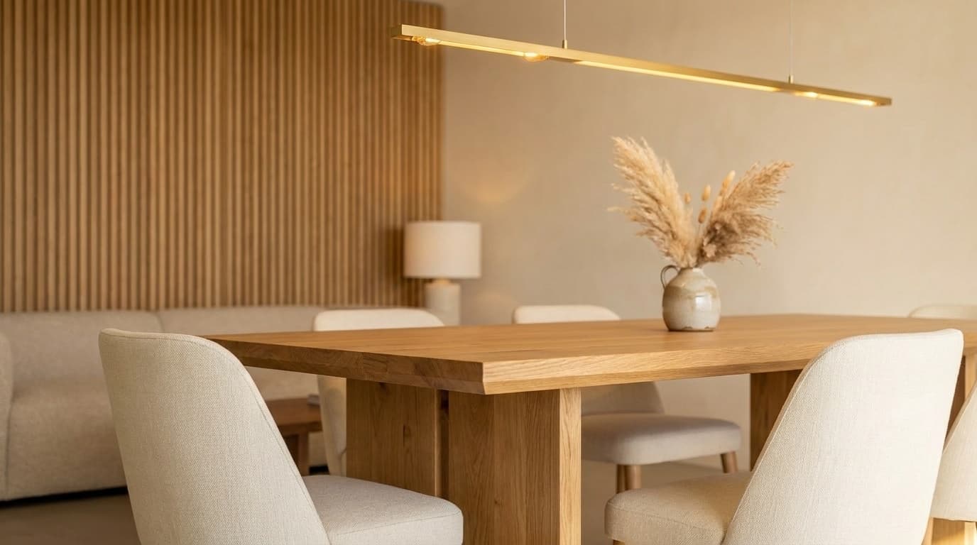 Solid oak dining table with brass linear pendant