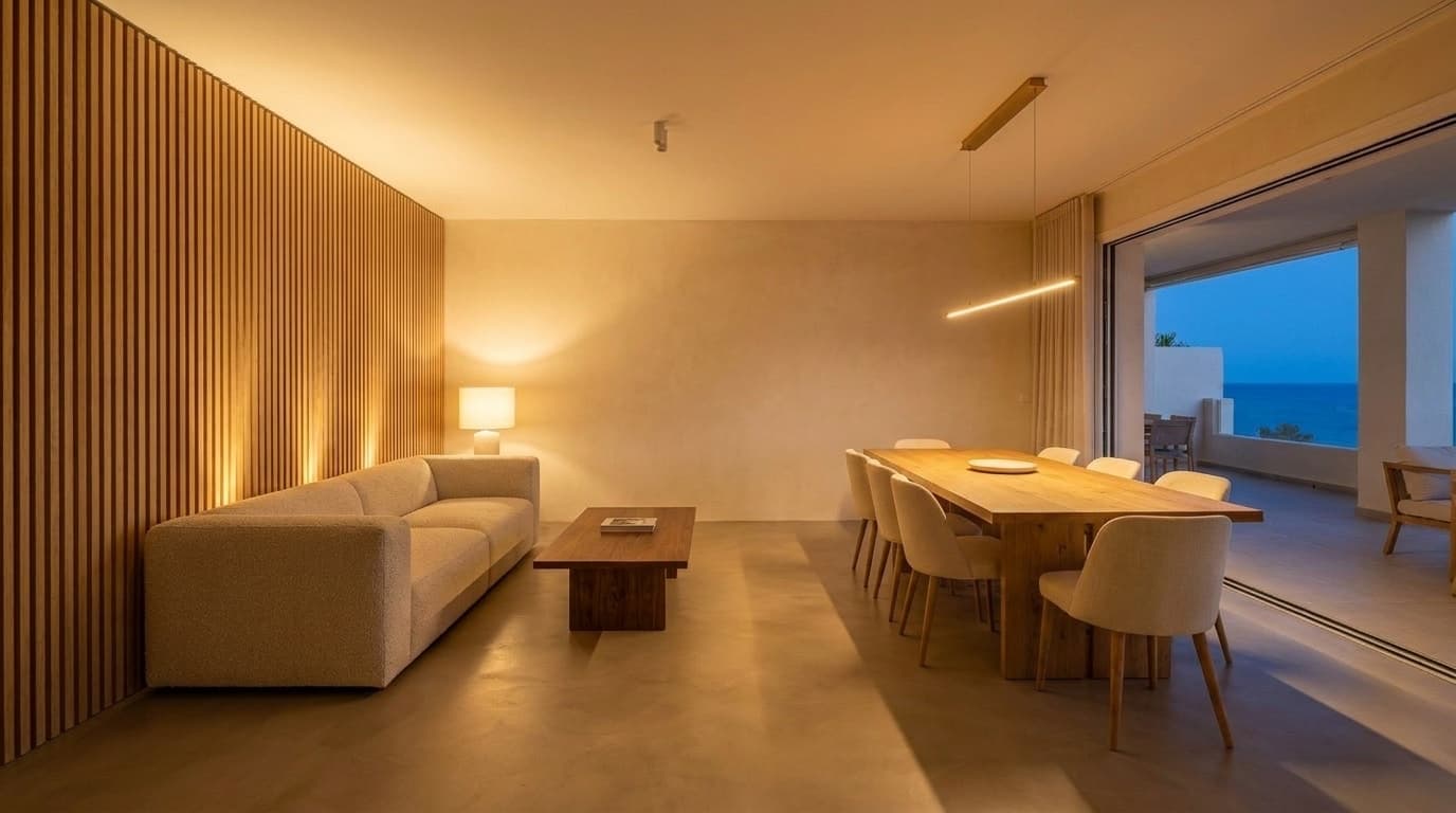 Living room at evening — layered warm lighting