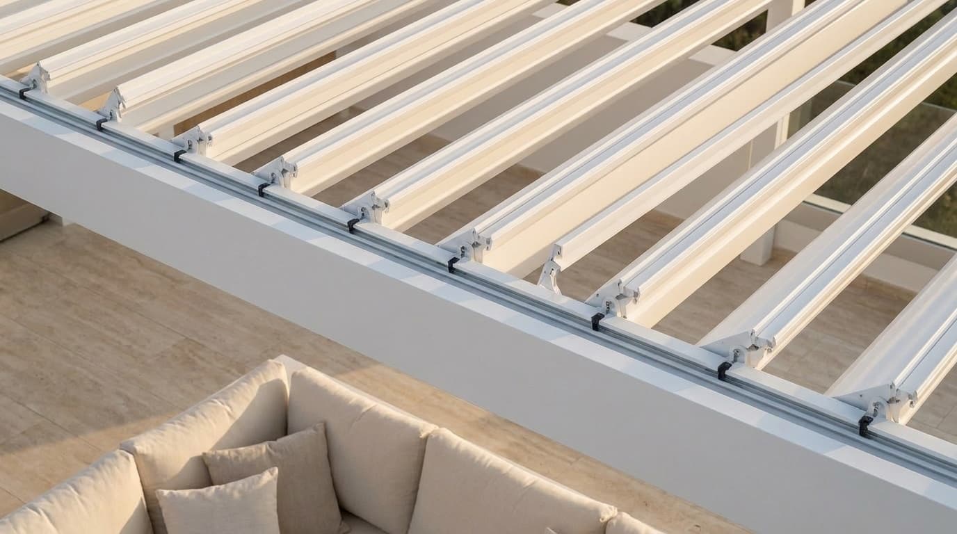 Bioclimatic pergola louvres — striped shadow over deck