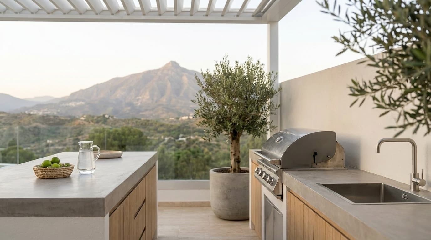 Outdoor kitchen — concrete-effect microcement worktop and integrated BBQ