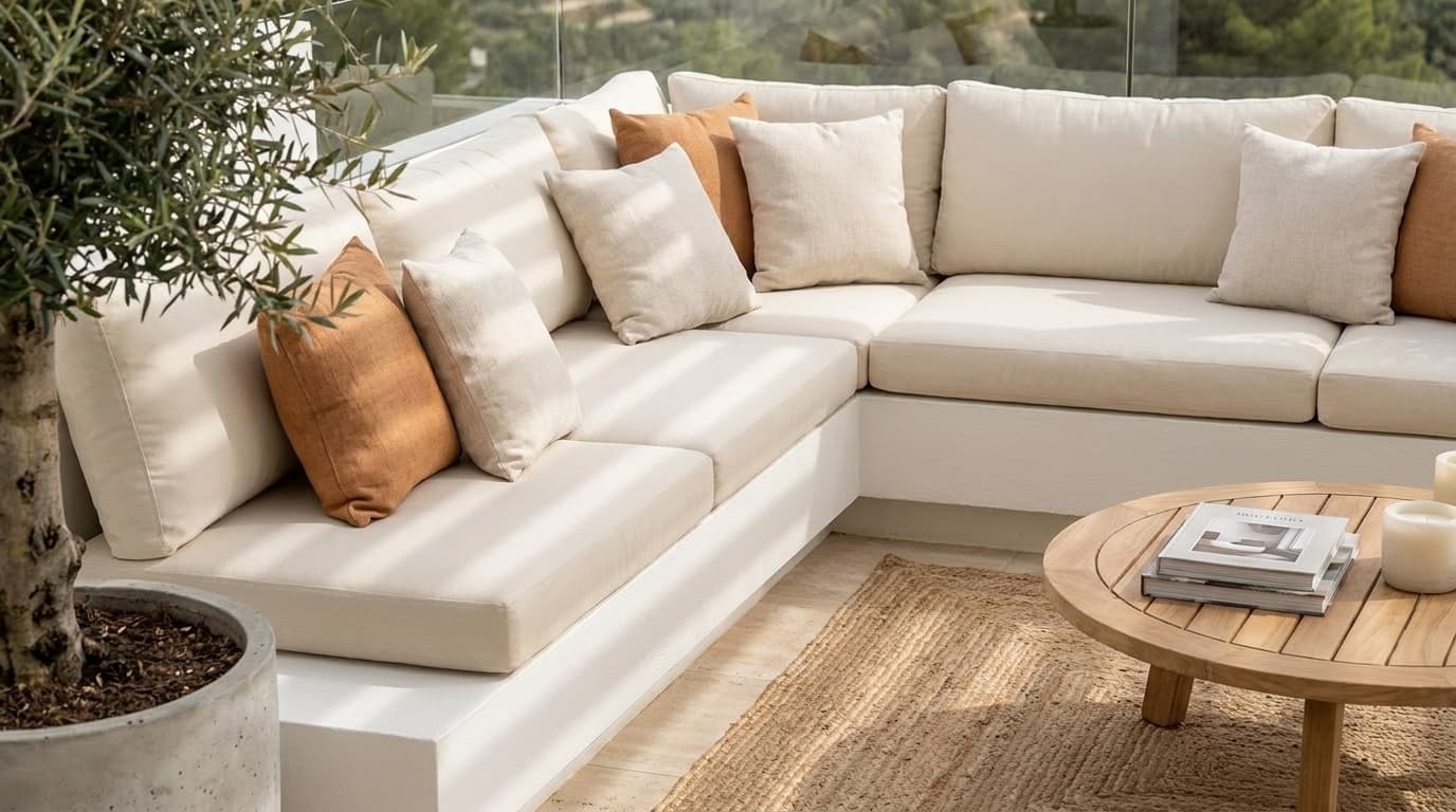 L-shaped lounge bench with deep cream Sunbrella cushions