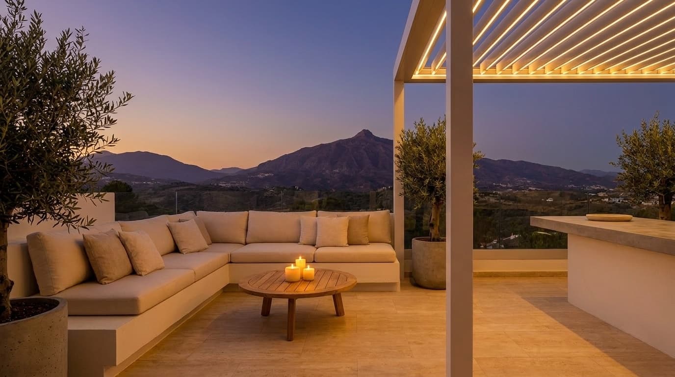 Terrace at golden-hour twilight — pergola LED and candles