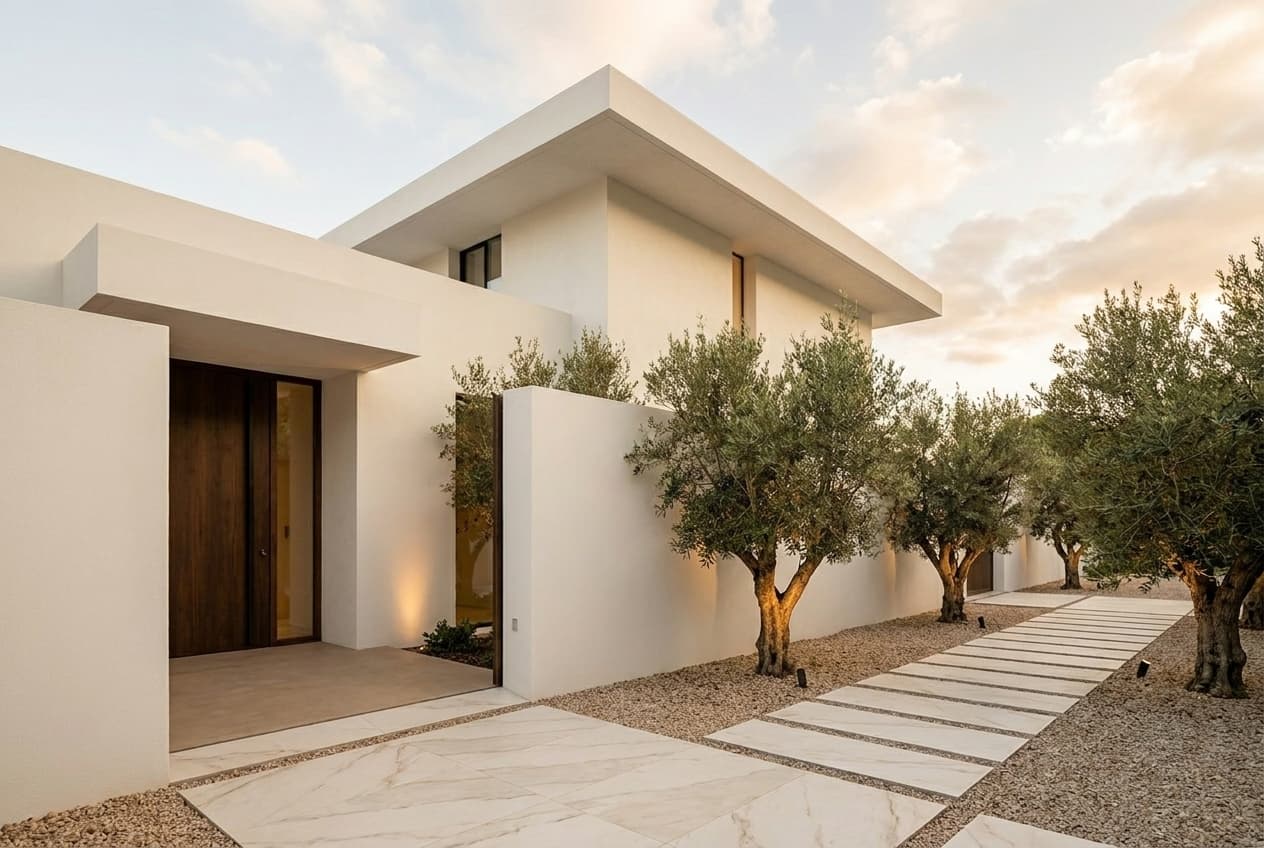 Entry approach — white render volumes and walnut pivot door