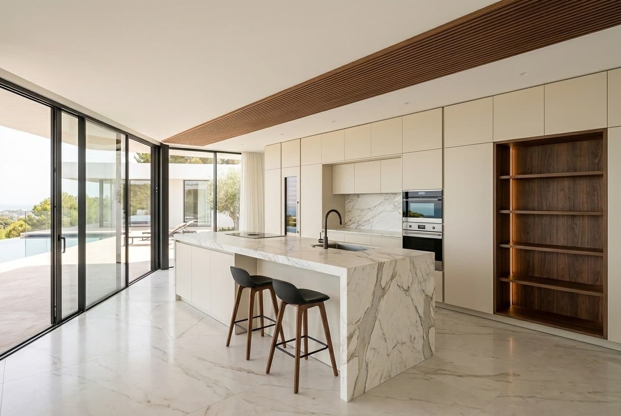 Boffi K6 kitchen — Wolf + Sub-Zero, Calacatta book-matched island