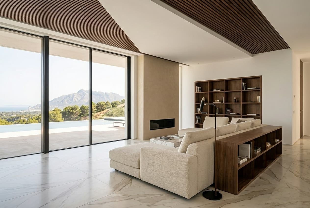 Living room — microcement feature wall, infinity pool view through Schüco glazing
