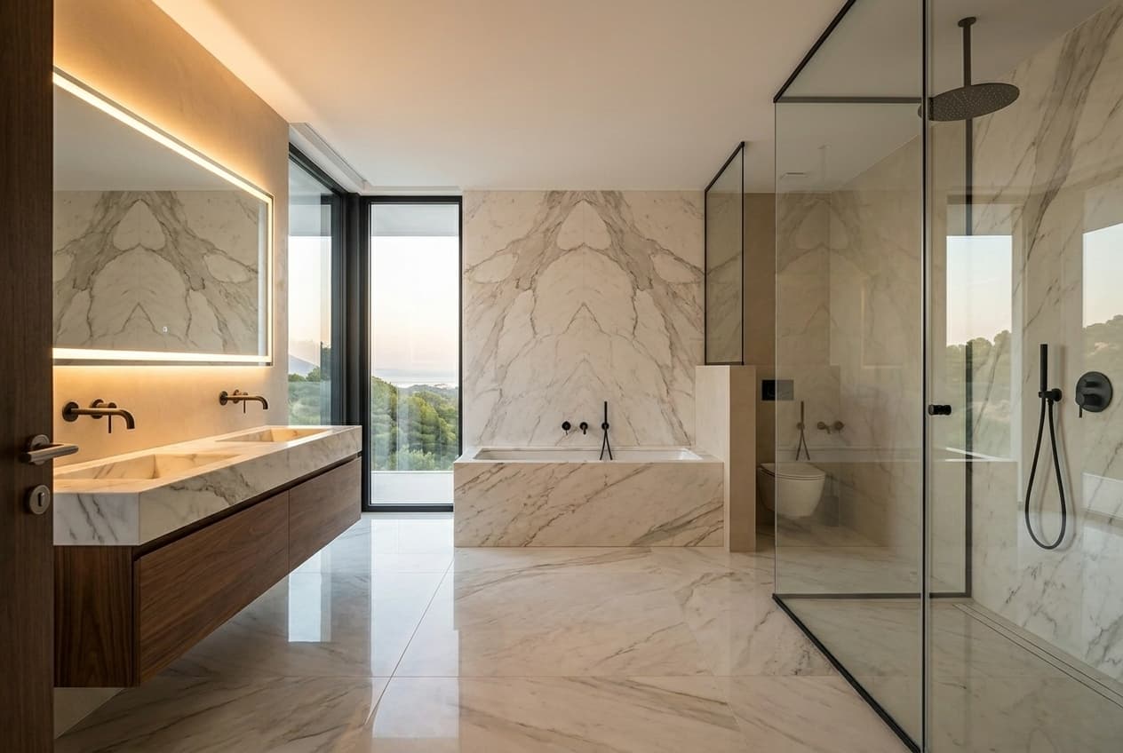 Master en-suite — Calacatta-clad freestanding tub, book-matched feature wall