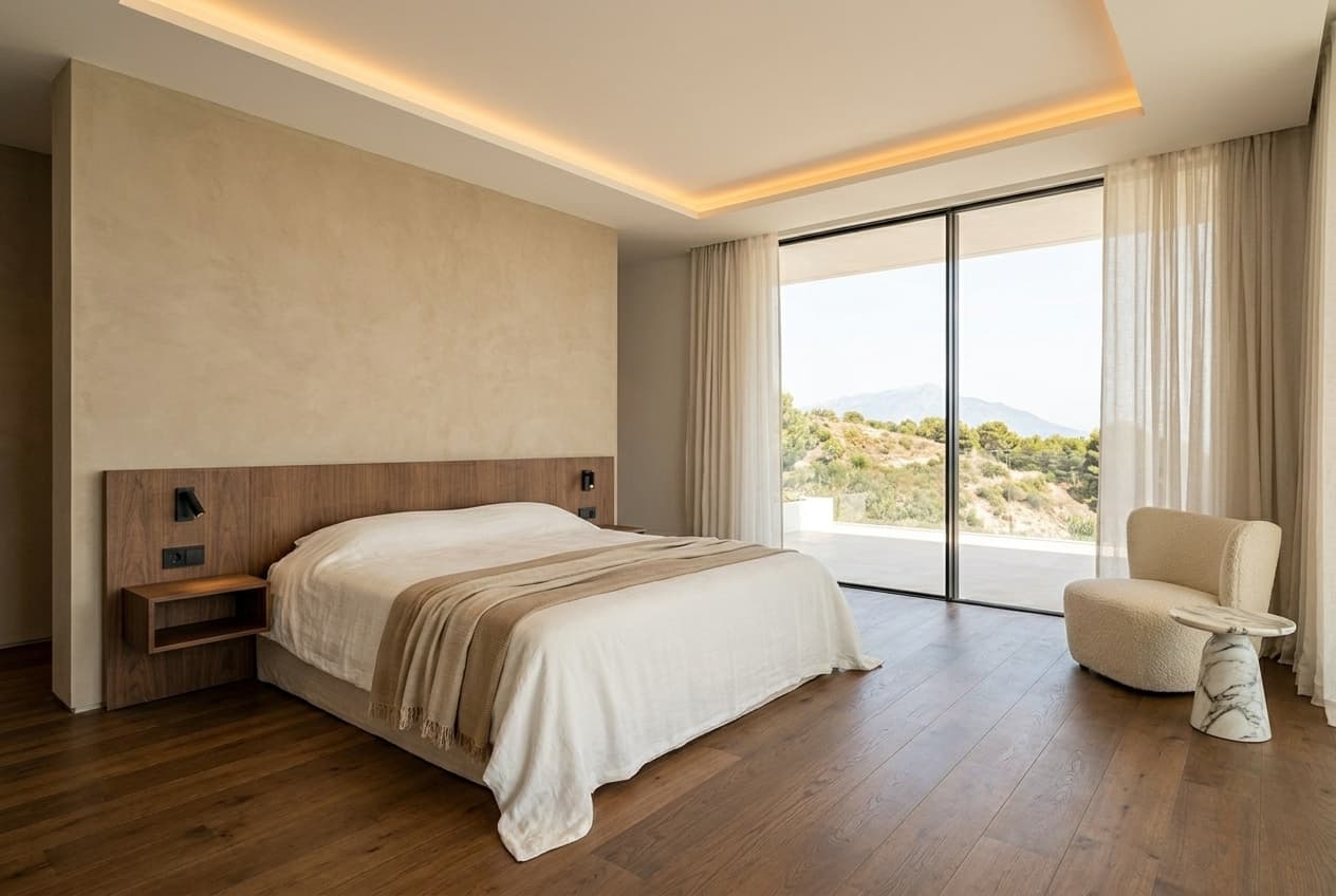 Master bedroom — sandstone microcement headboard, oak parquet, terrace beyond