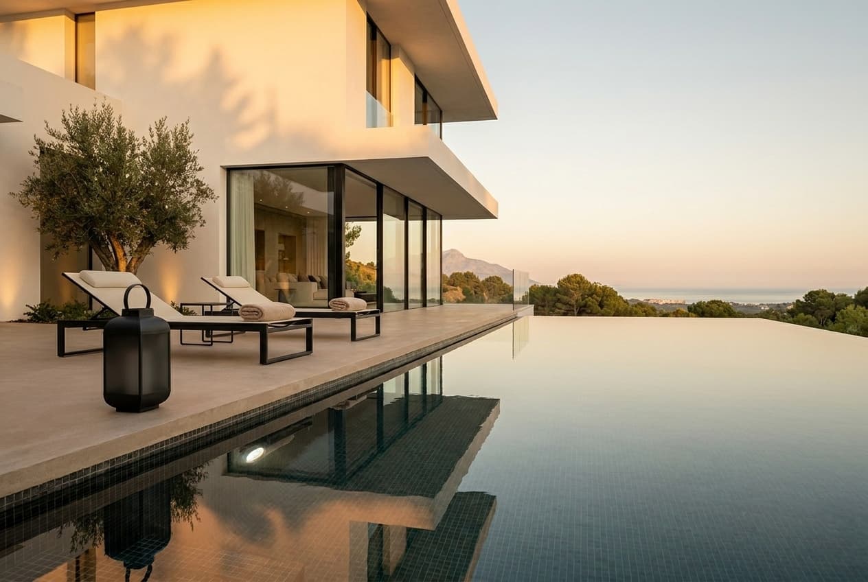 Infinity pool — Bisazza dark-grey mosaic with sea horizon beyond