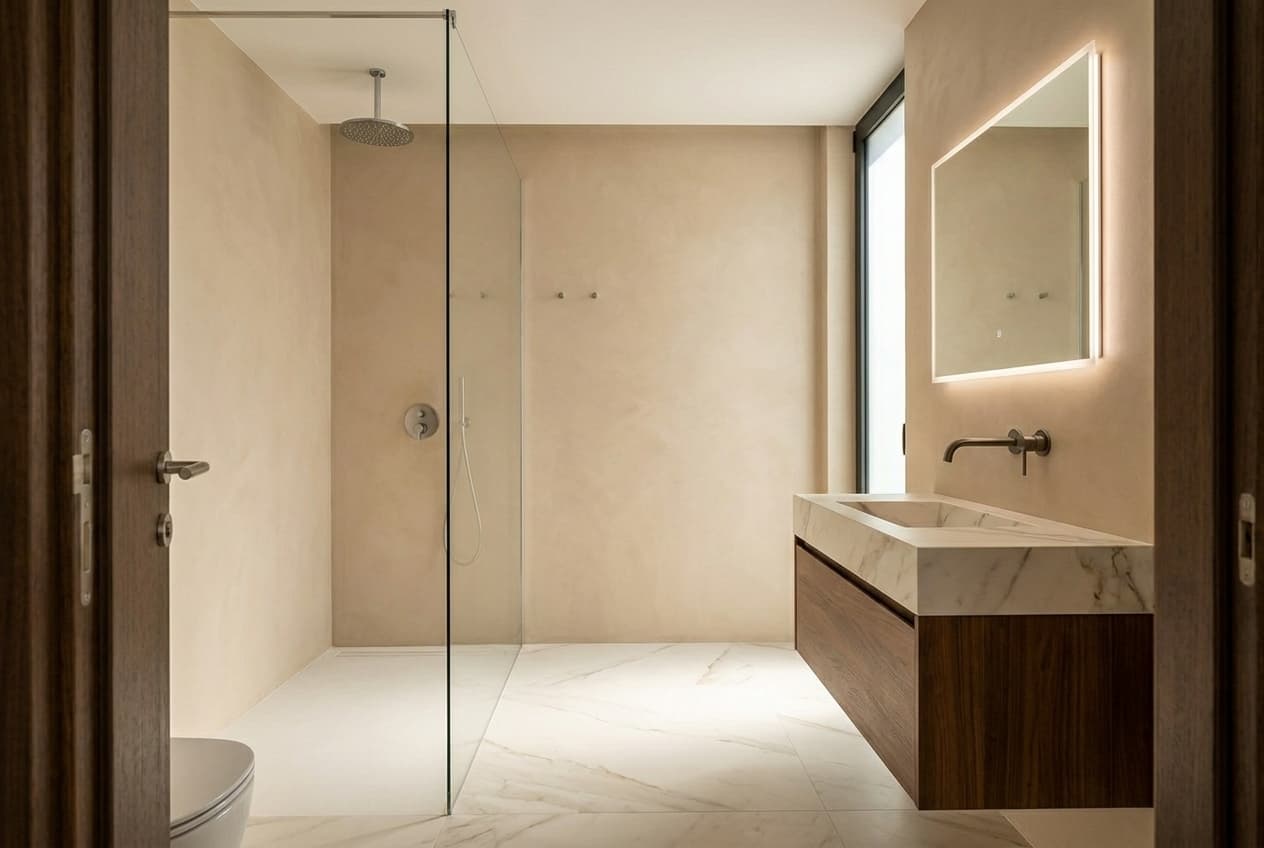 Secondary guest bathroom — sandstone microcement and Calacatta porcelain