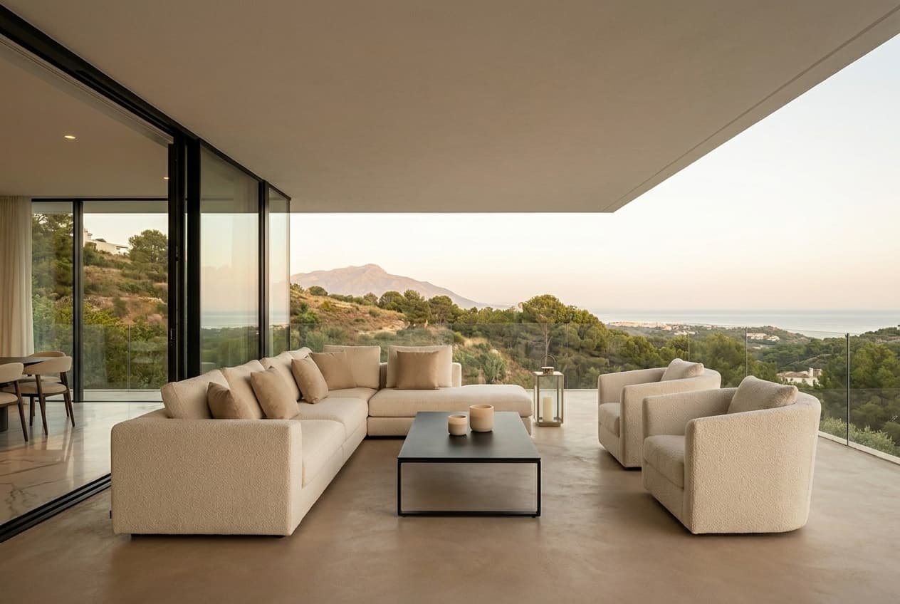 Covered chill-out terrace under deep cantilevered roof