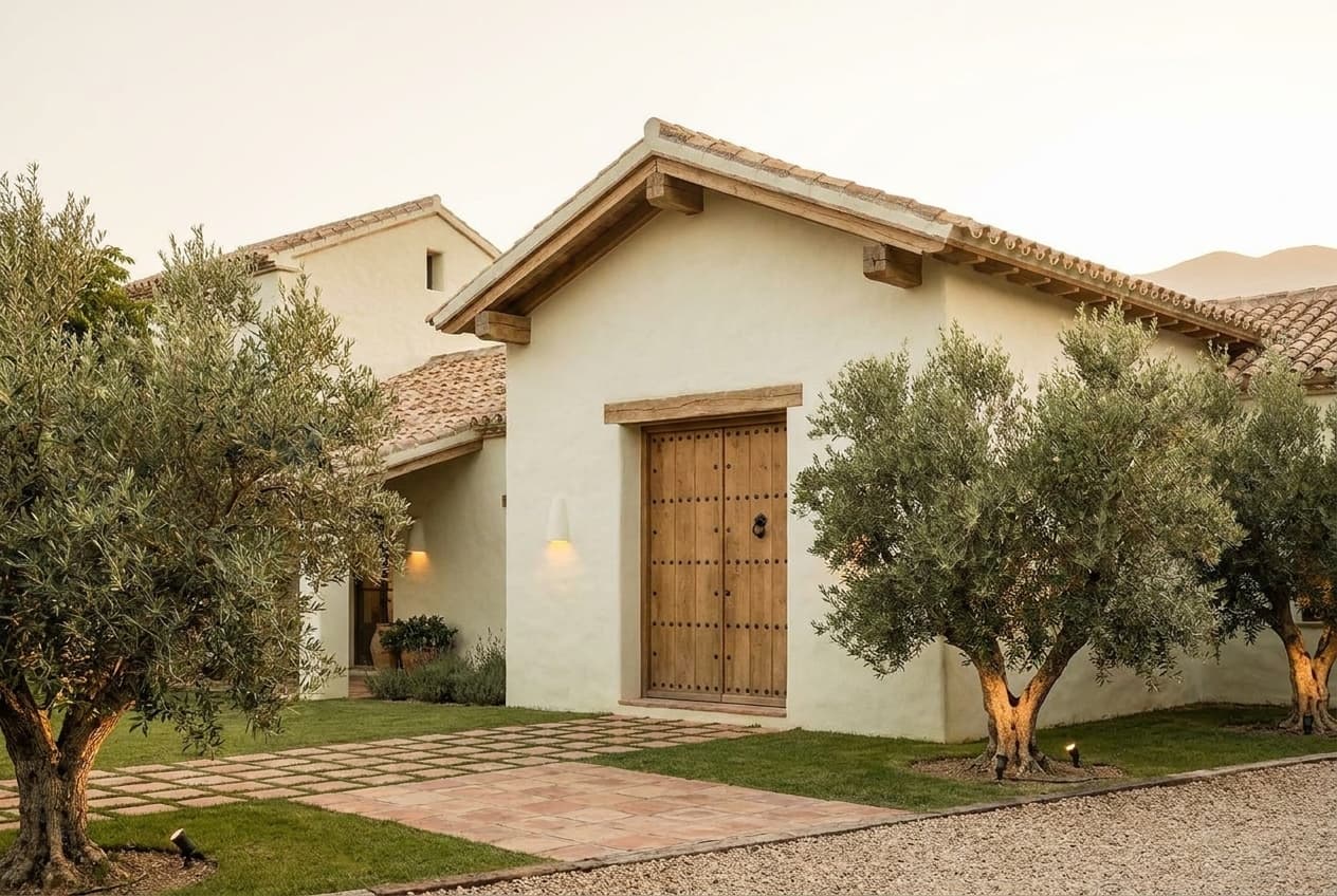 Entrance — lime-washed thick walls, original terracotta roof, oak doors