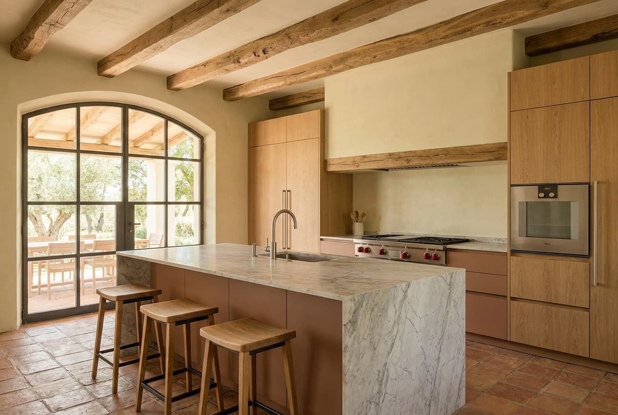 Bulthaup b1 — Wolf range, Sub-Zero columns, grey-veined Italian marble island