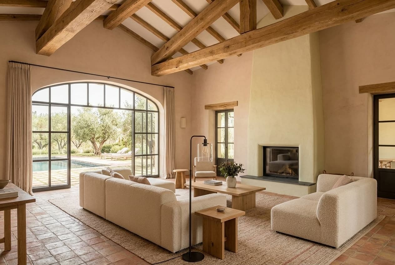Living room — restored oak beams, lime plaster, Crittall opening to pool