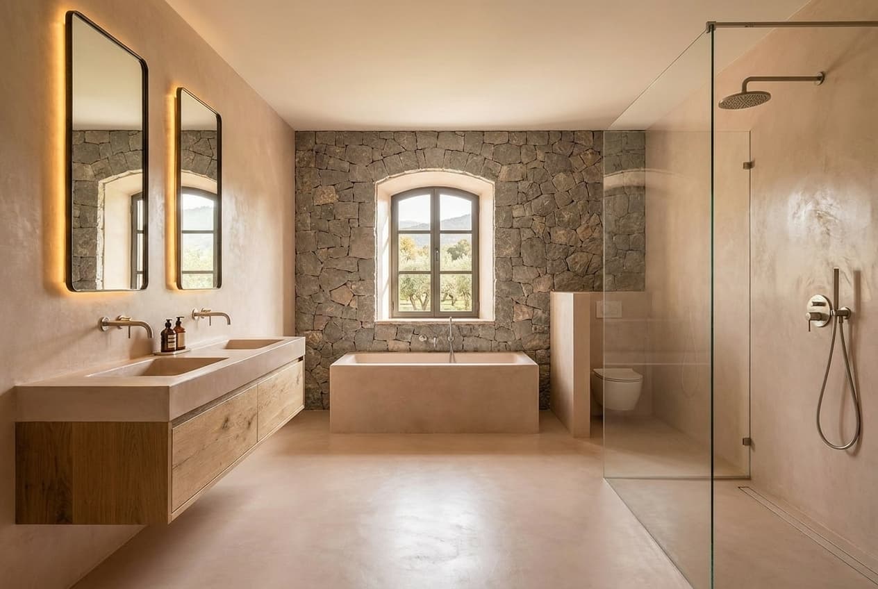 Master en-suite — tadelakt-clad tub, split-face stone wall, Cea Design taps