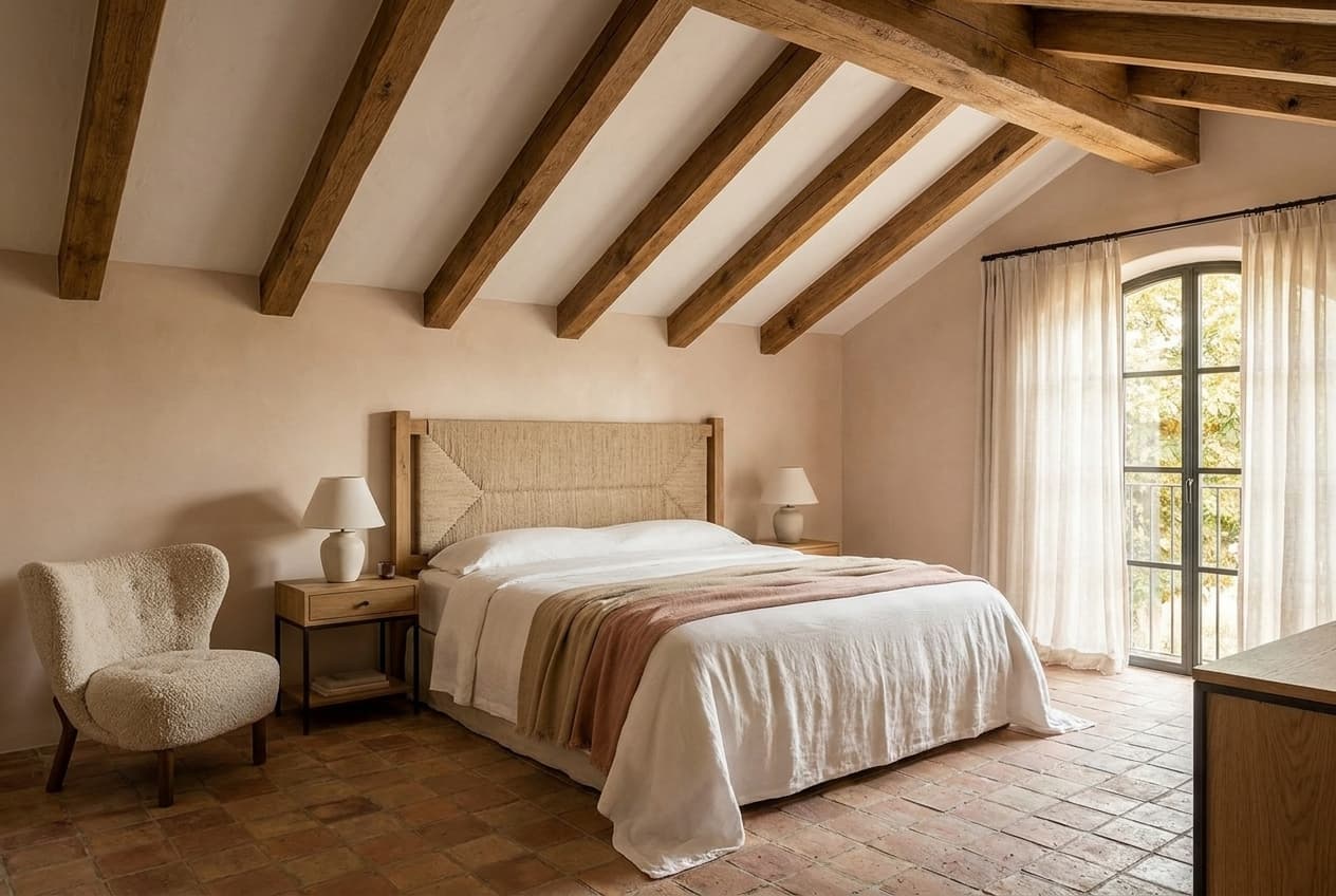 Master bedroom — restored oak beams, linen headboard, antique terracotta