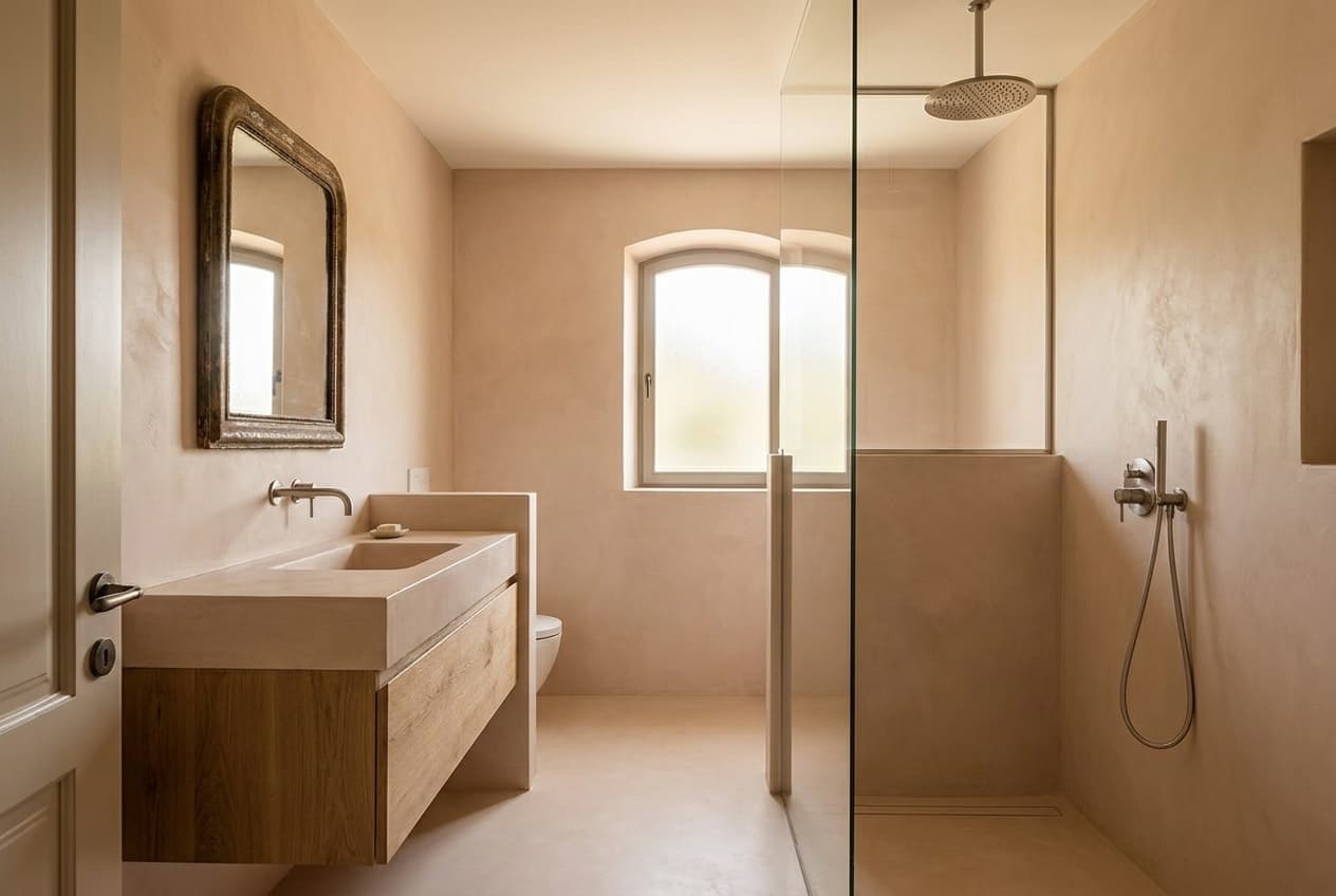 Secondary guest bathroom — continuous tadelakt and Cea Design brushed stainless