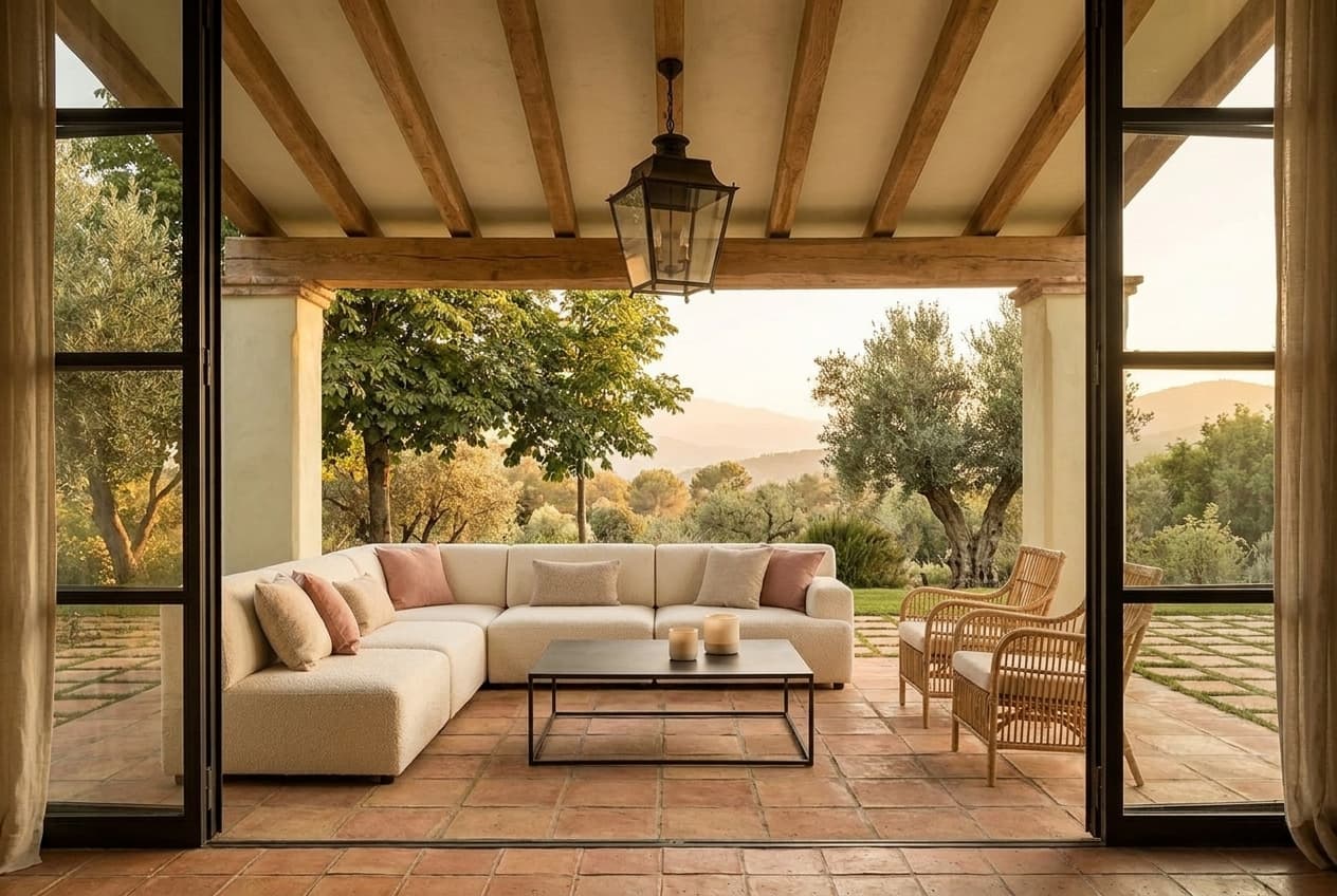 Sheltered terrace under restored solid-oak beams and lime ceiling