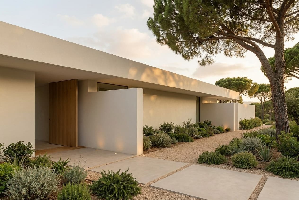 Entry approach — oyster-white render and oak pivot door