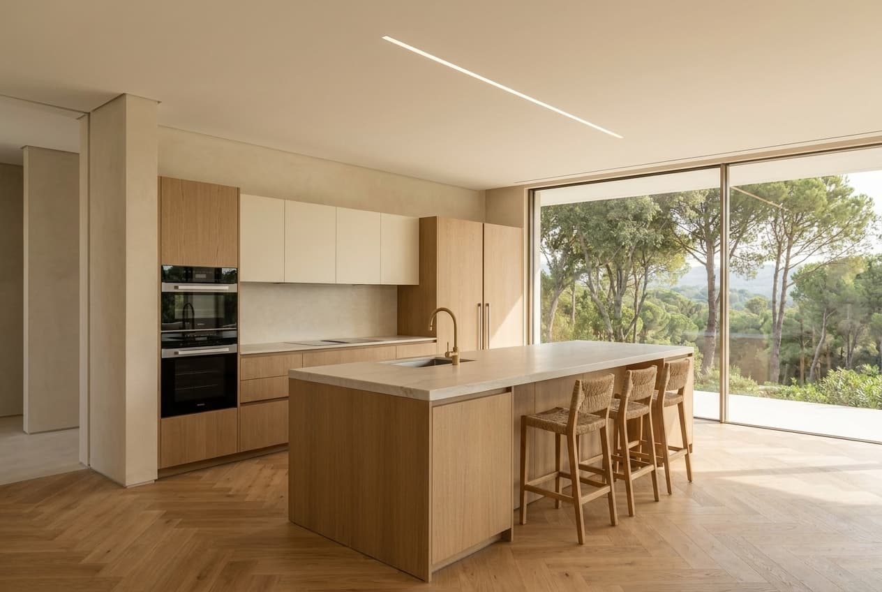 Poliform Varenna Phoenix — Miele Generation 7000, soft pale quartzite island