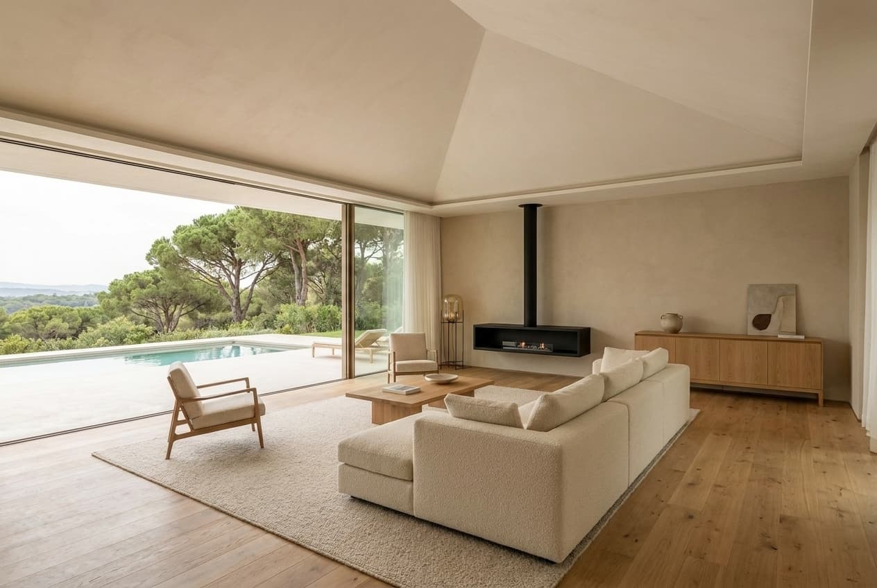 Living room — 175 m² double-height, suspended bioethanol fireplace, garden views through pines