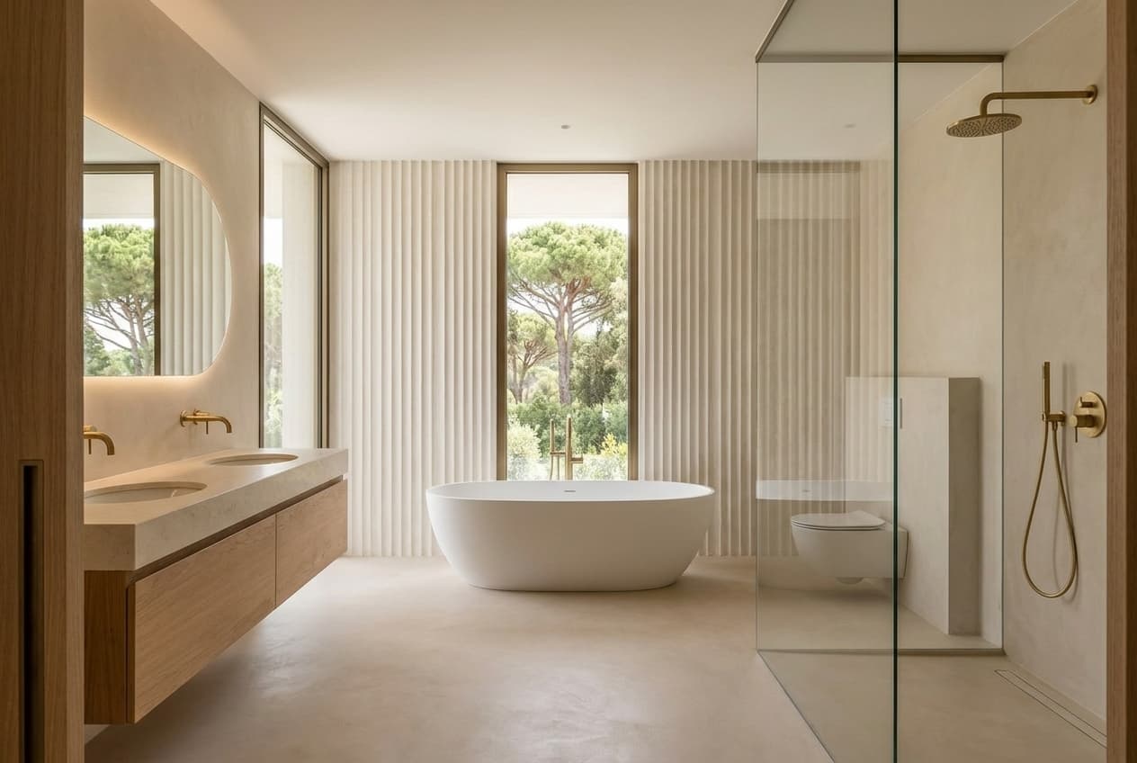 Master en-suite — Agape Spoon XL, fluted limewash plaster, Bianco Avorio limestone