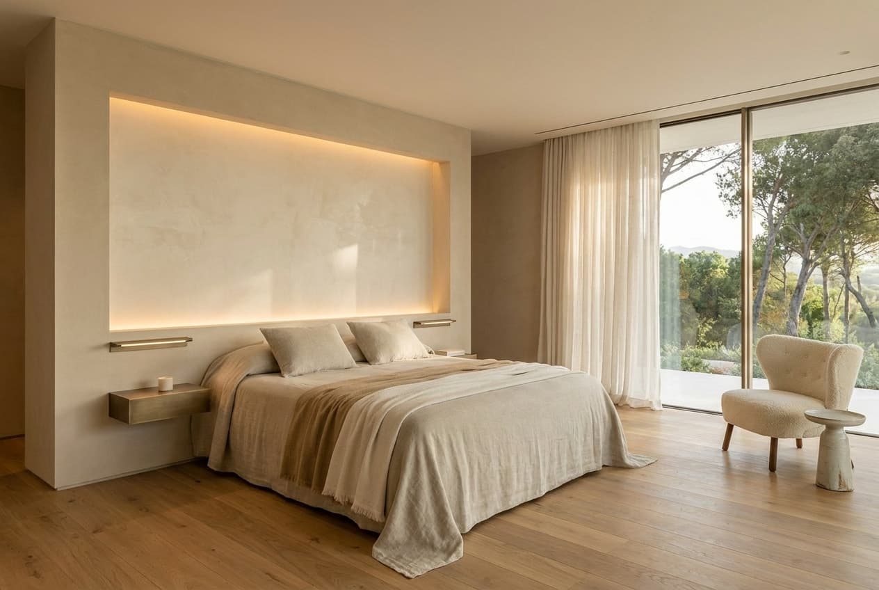 Master bedroom — limewashed-plaster headboard niche, brushed parquet, garden view