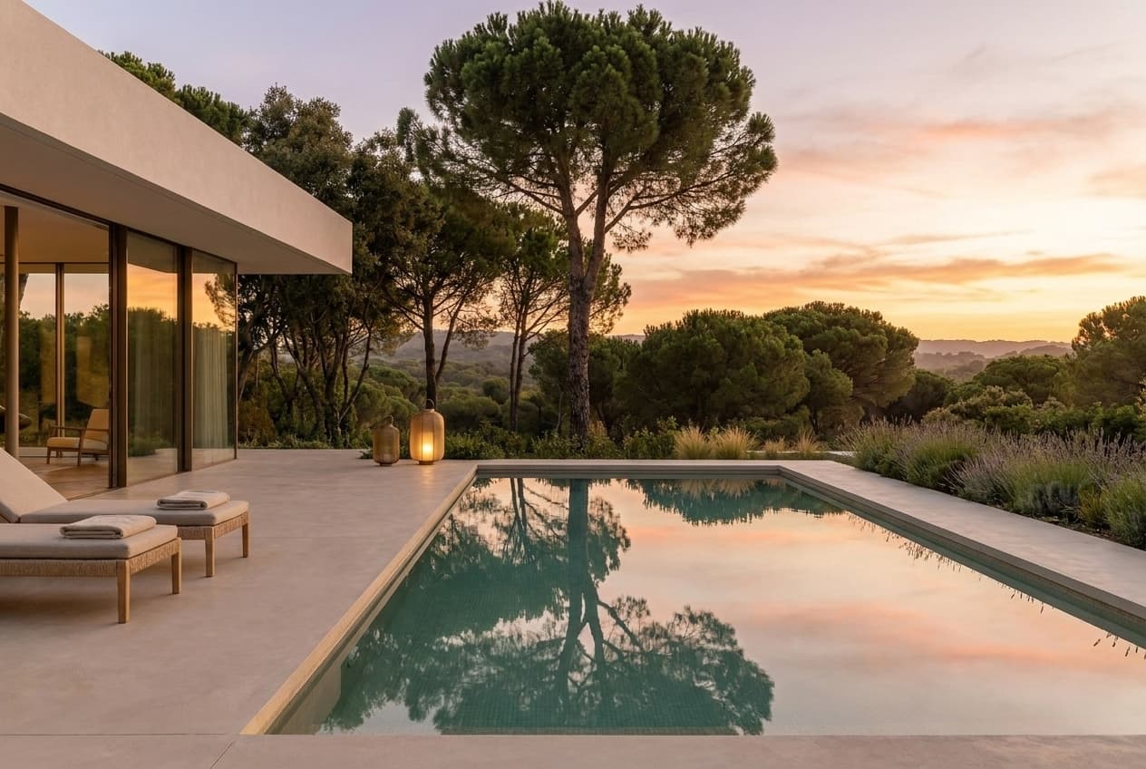 Salt-chlorinated pool — sand-tone glass mosaic, valley view beyond pines