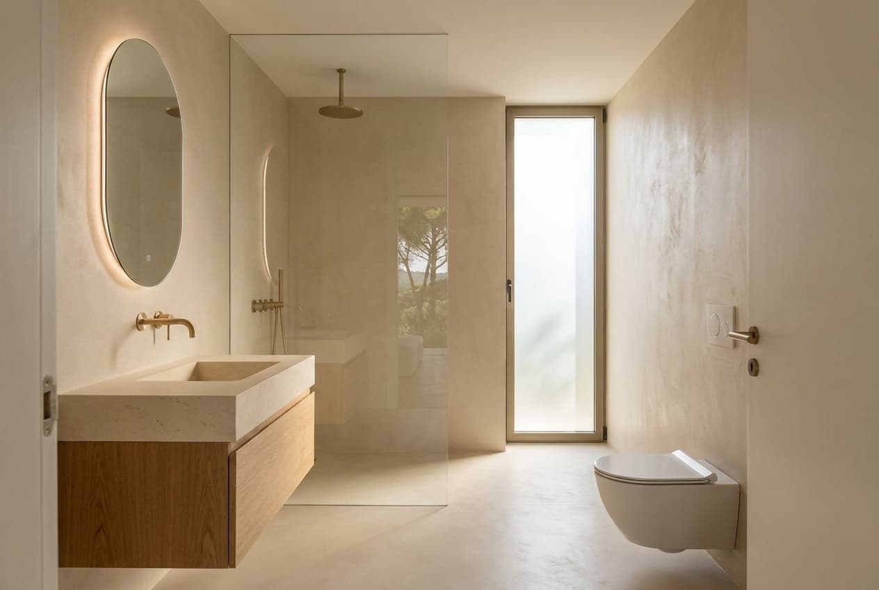 Secondary guest bathroom — sand-tone microcement and Vola brushed brass