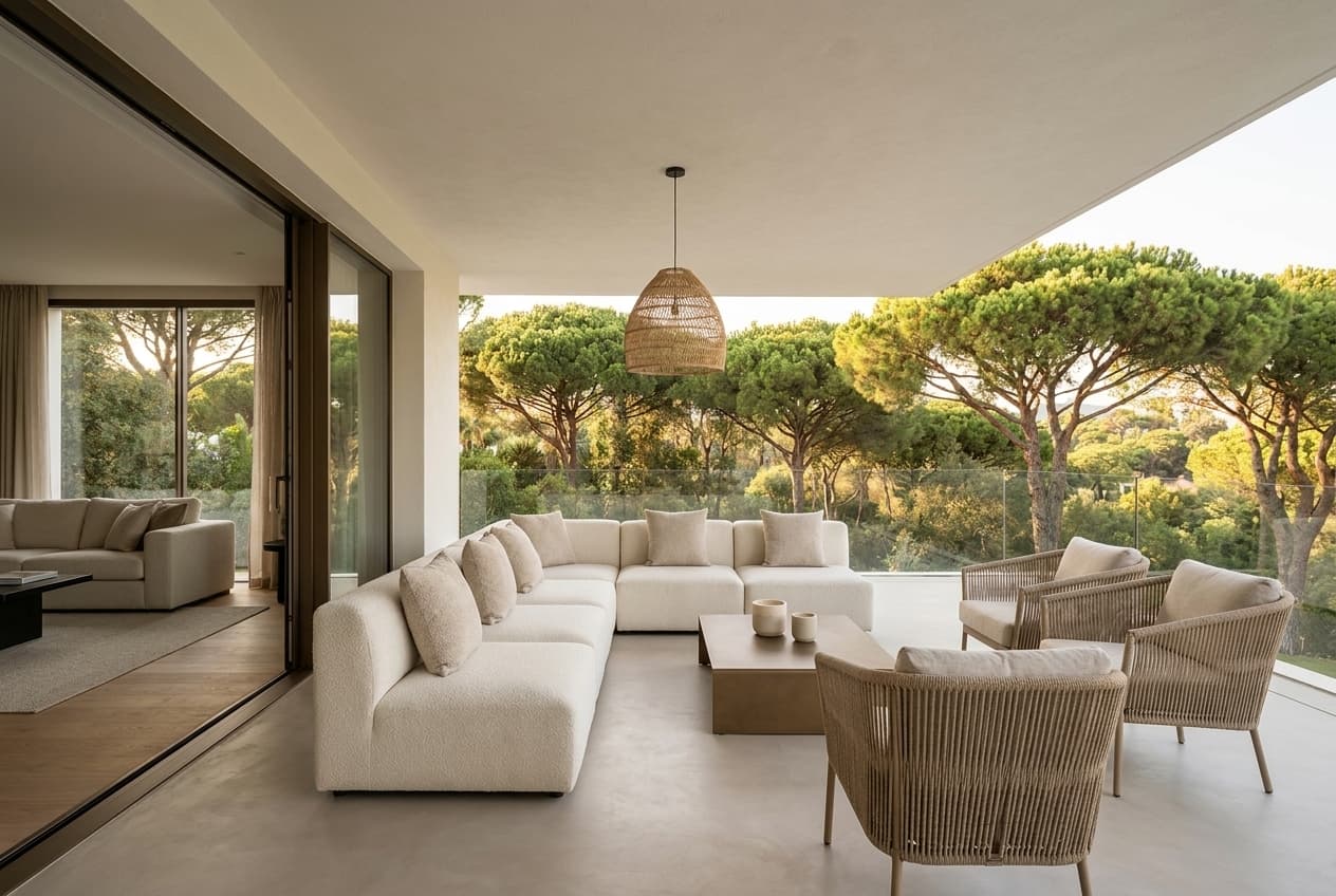 Covered chill-out terrace under cantilevered roof, valley canopy beyond