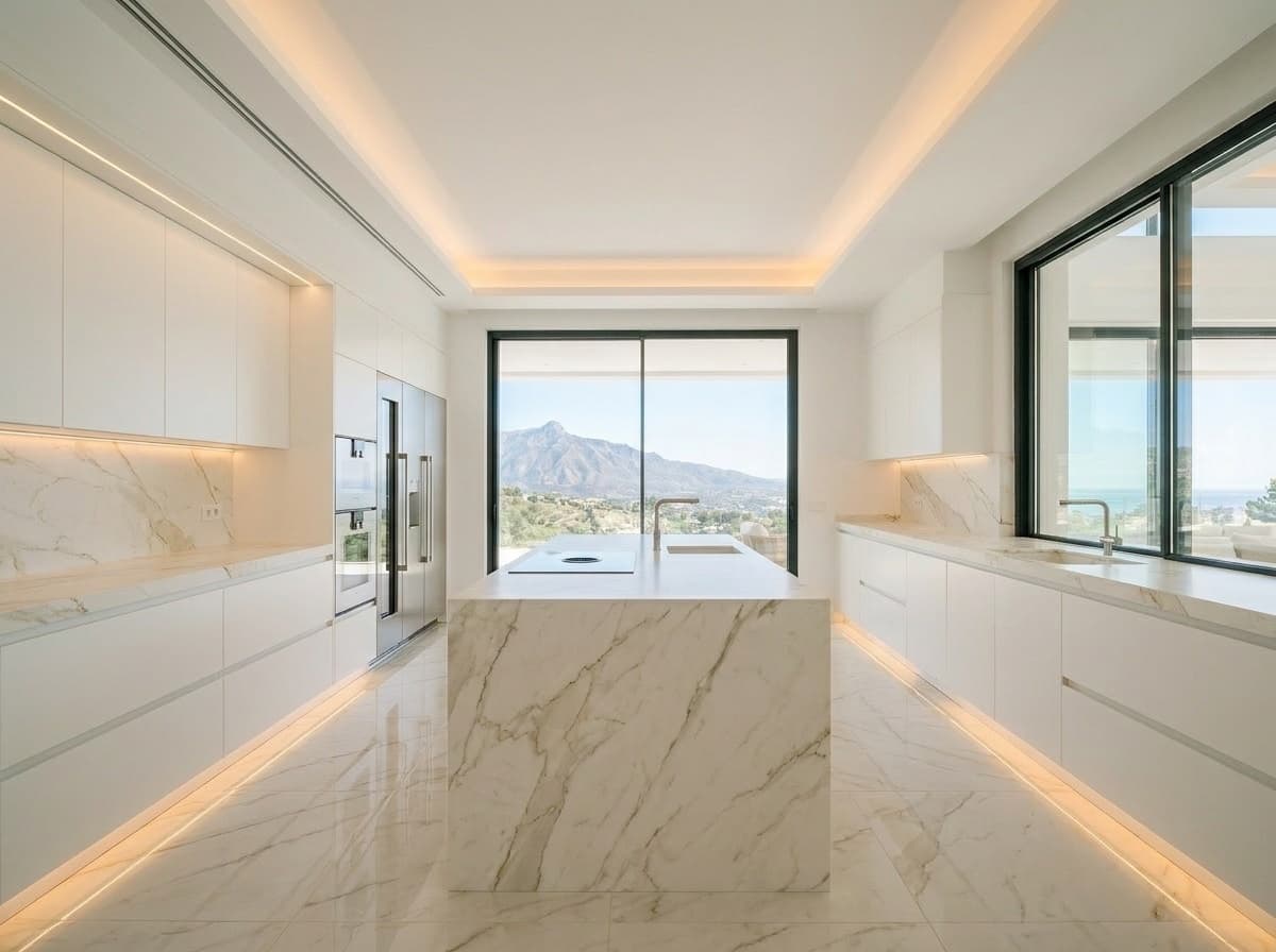Villa kitchen — Gaggenau appliance tower and white lacquered island