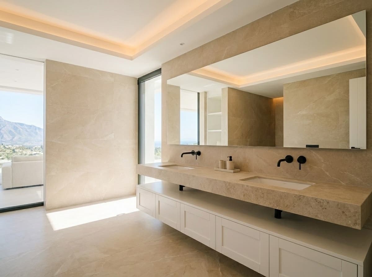 Master bathroom — double vanity with Calacatta Borghini feature wall