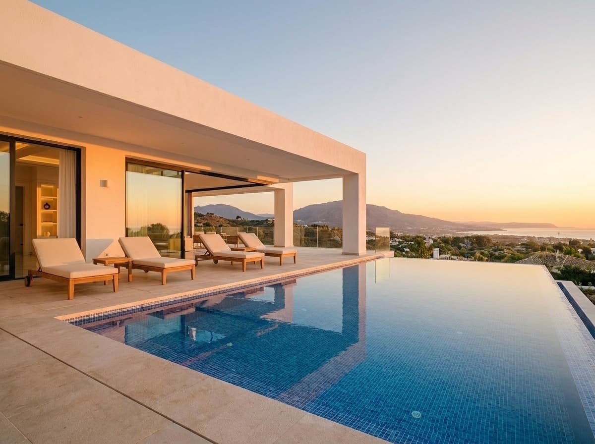 Villa terrace and pool at golden hour — Bateig stone and mountain panorama