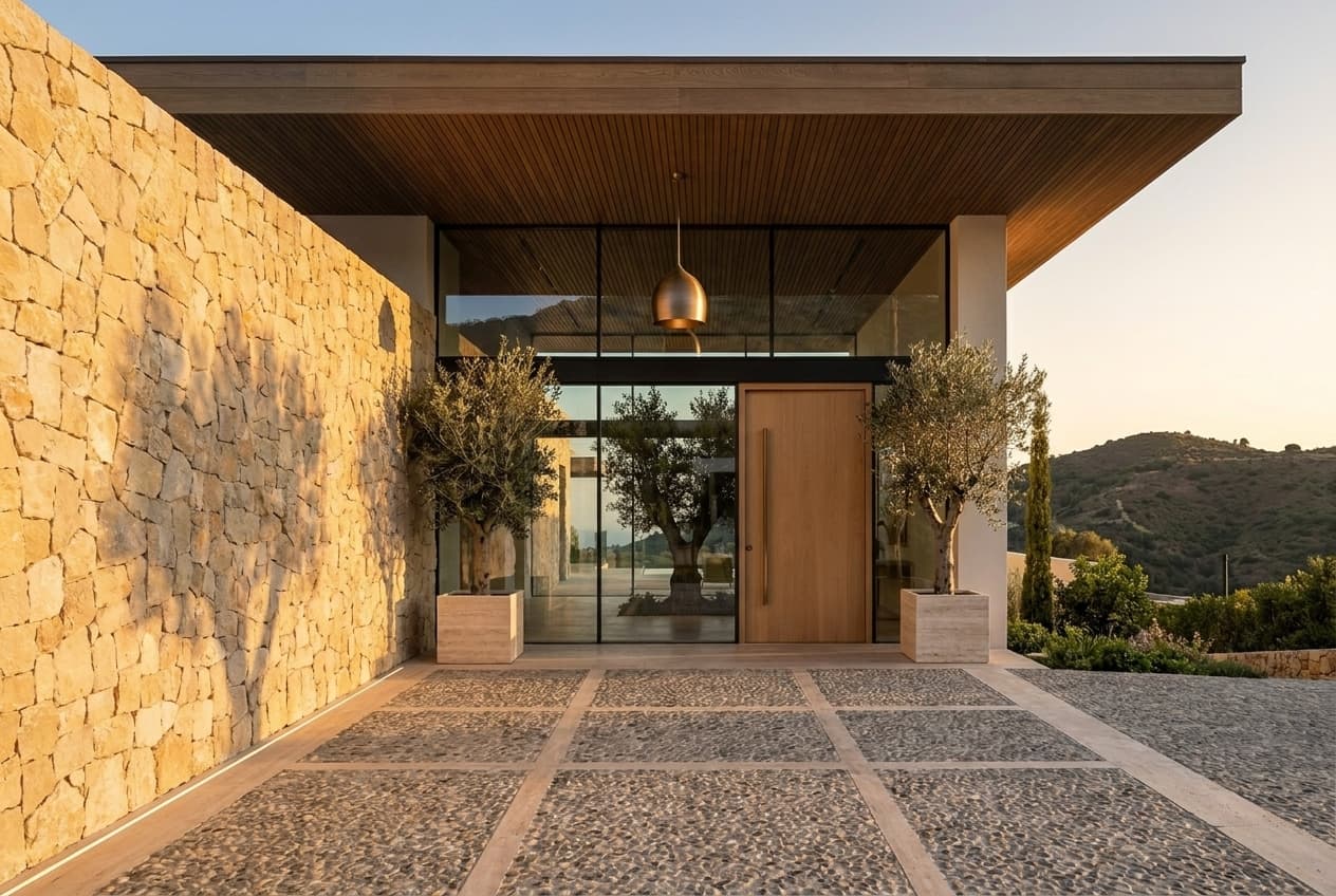 Entrance facade — pivot oak door, Bateig stone wall, olive trees