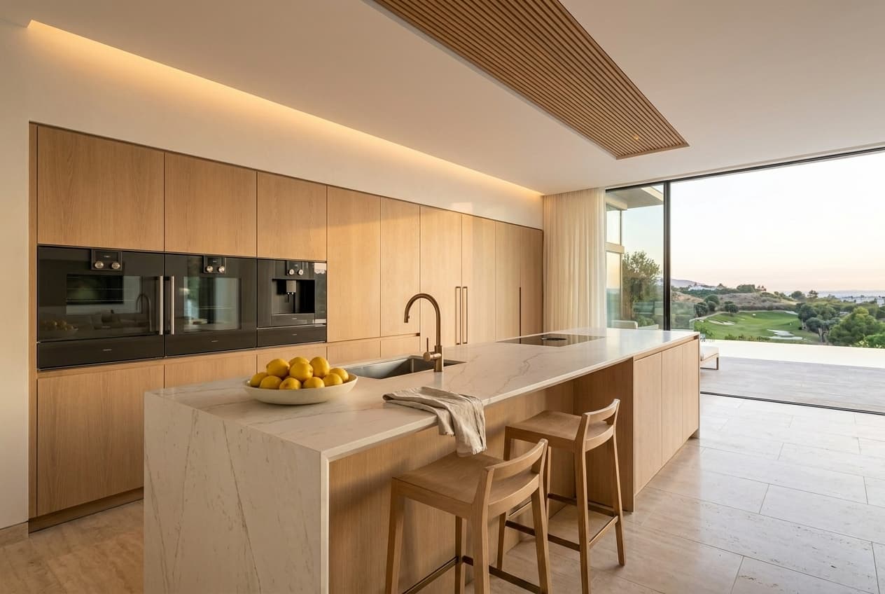 Bulthaup b3 kitchen — white-oak rift-cut, Gaggenau 400 Series, Calacatta-effect quartz island
