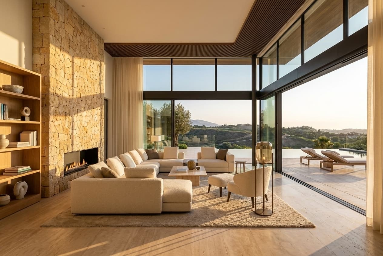 Living room — Bateig stone feature wall, oak slatted ceiling, infinity pool view