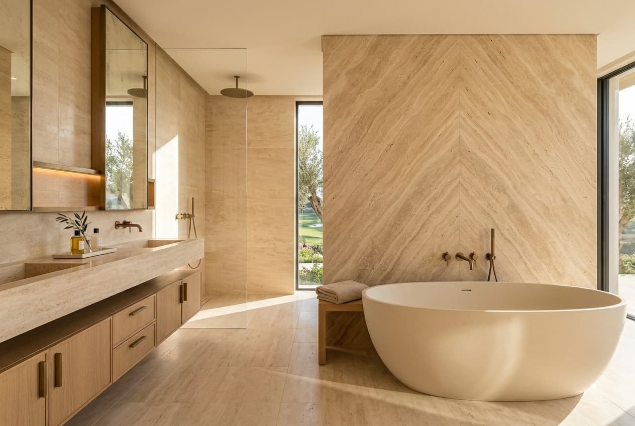 Master en-suite — Antonio Lupi freestanding bath, book-matched travertine feature wall