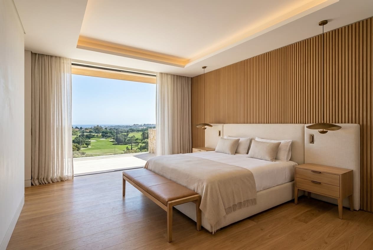 Master bedroom — fluted oak headboard, oak parquet, private terrace beyond