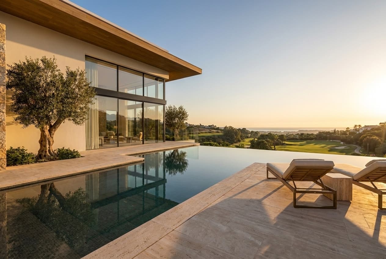 14 × 4 m infinity pool — Bisazza dark-grey mosaic, Bateig stone coping