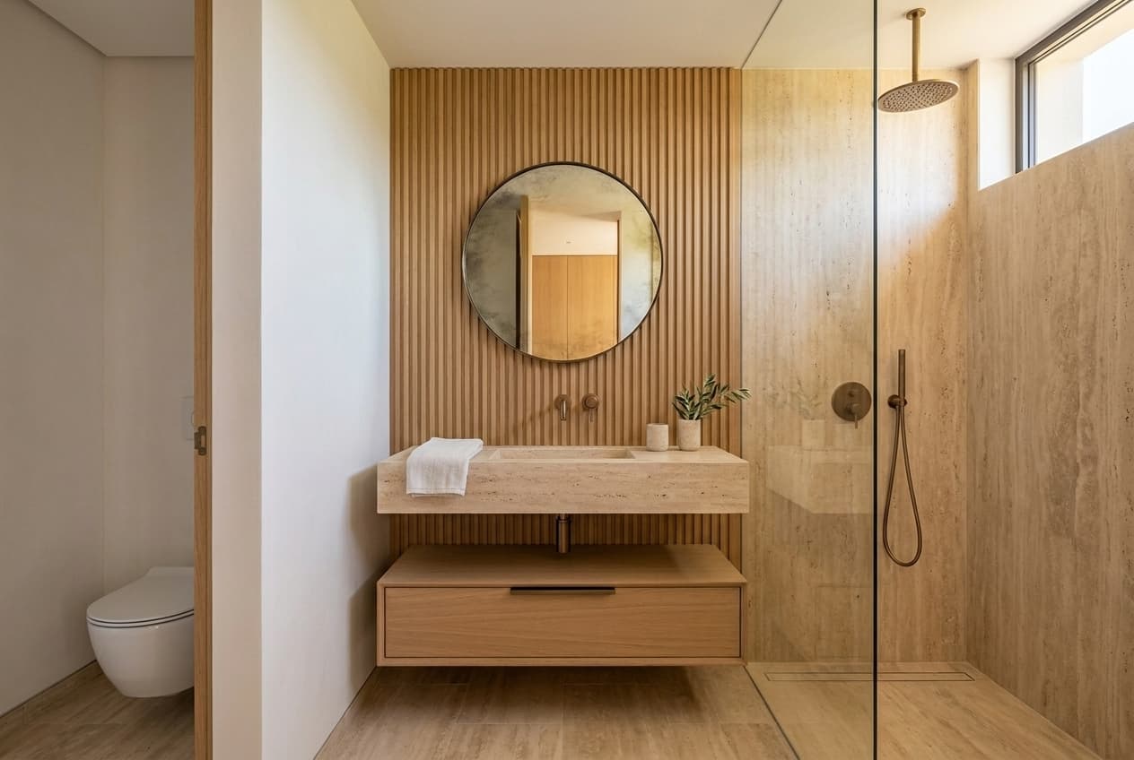 Secondary guest bathroom — fluted oak feature wall, travertine, brushed bronze