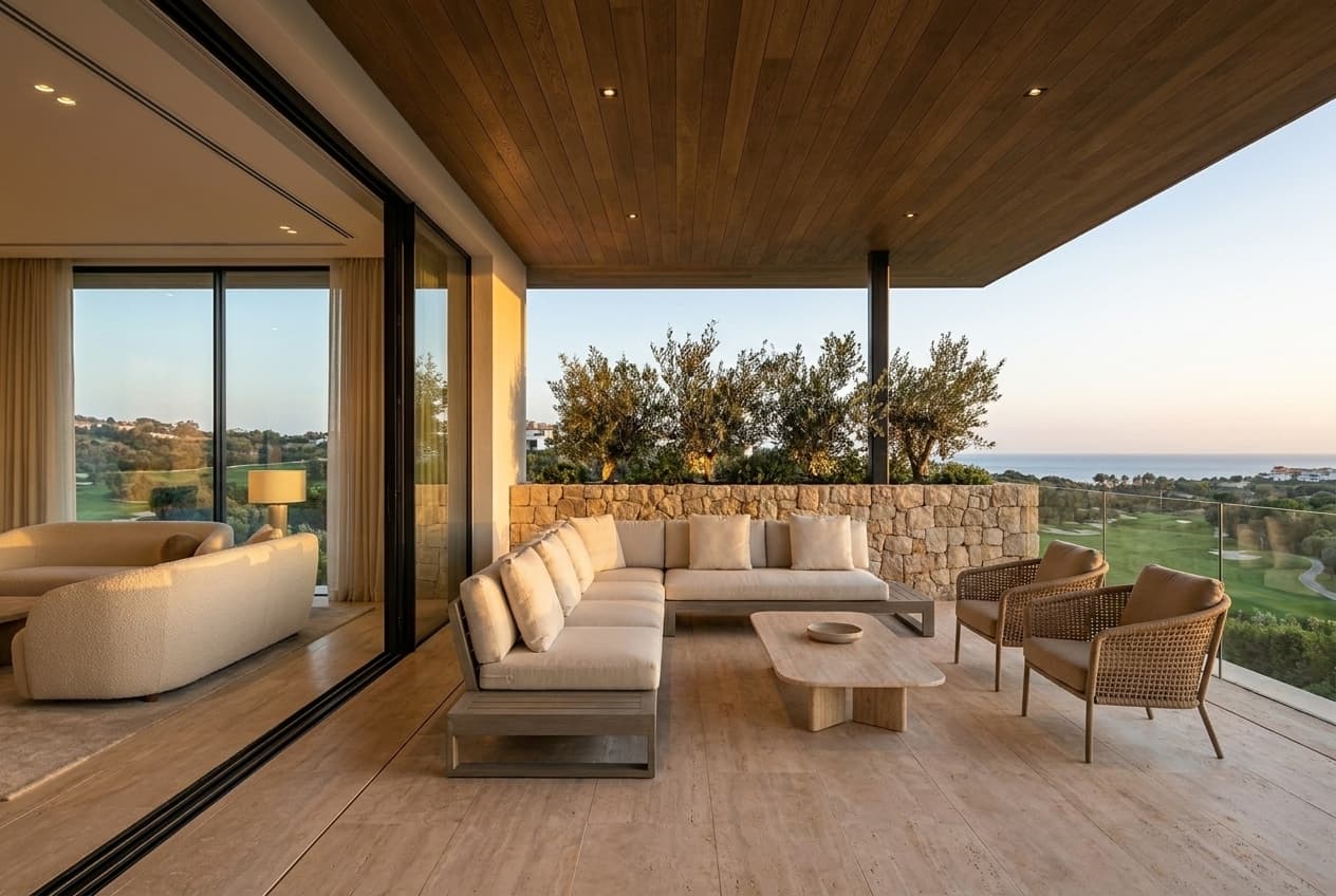 Upper-level chill-out terrace — slatted oak soffit with travertine paving
